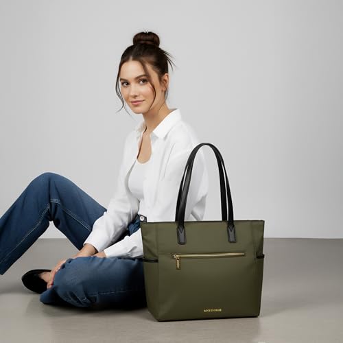 Image of Accessorize London Women's Olive Green Kimberly Nylon Zippered Tote | water-resistant Shoulder Bag | Stylish Casual & Travel Handbag