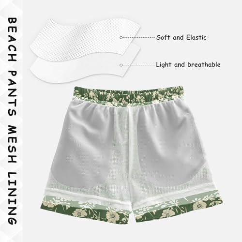 JUNZAN Autumn Flowers Peonies Sage Green Boys Swim Shorts Quick Dry Boys Boardshorts Kids Swimwears Son's Presents 2T4