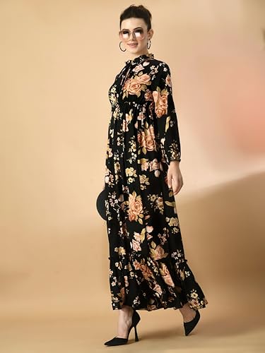Image of KZULLY | Floral Printed Maxi Dresses for Women | Long Sleeve Beautiful Floral Patterns | Stylish and Elegant Dress | Tie Neck