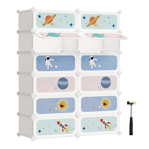 SONGMICS Estantería Modular Infantil de 12 Cubos, Zapatero para niños, Estantería plástico, Armario Modular con Puertas, para Ropa, Zapatos, Juguetes, 31 x 81 x 106 cm, Blanco Nube LPC907W01