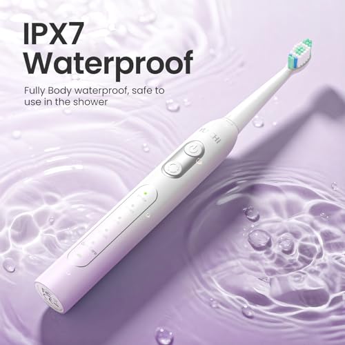 YUNCHI C2 Elektrische Zahnbürste mit 40000 VPM, Schallzahnbürste für Erwachsene & Kinder, USB-C Ladung, 30 Tage Akkulaufzeit, 5 Putzmodi, 2-Min-Timer, 8 Bürstenköpfen, Reiseetui, Lila und Weiß – Bild 6