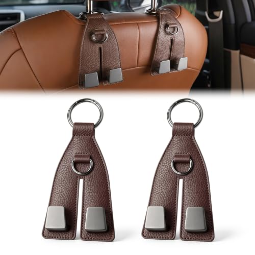 Image of Premium Leather Wrapped Design (Coffee, 2pcs) | Double Hook Storage | Space Saving Car Organizer | Easy Headrest Installation