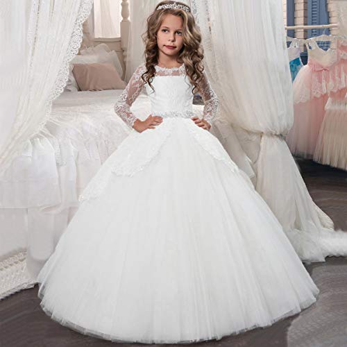 Vintage Flower Girls Dresses with Lace Sleeves Long Pageant Ball Gown White US 62