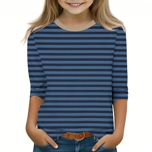 Shirt for Girls Fashion Cute 3/4 Sleeve Striped Print Shirts Kids Casual Crewneck Soft Comfy Solid Color Tunic Tops2