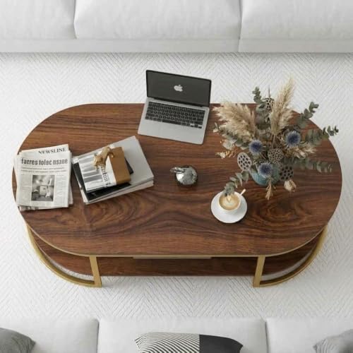 Image of NEST NATURE HAVEN Coffee Table for Office, Dining, Tea Room, Center Table for Living Room, Contemporary Simple Cocktail Table with Brown Desktop and Gold Metal Frame