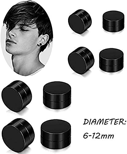 SIISPRI 4-5 Pairs 6-12mm Black Stainless Steel Magnetic Fake Gauges Earring Studs for Men Women Non Pierced Earrings,Hypoallergenic3
