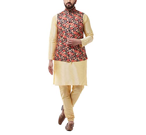 Image of SOJANYA (Since 1958 Men's Silk Blend Gold Kurta Pyjama & Printed Nehrujacket Combo