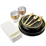 175 PCS Black and Gold Rim Disposable Dinnerware Sets for Party Halloween 25 Guests 25 Dinner Plasti
