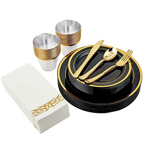 175 Pcs Black And Gold Rim Disposable Dinnerware Sets For Party Halloween 25 Guests 25 Dinner Plastic Plates 25 Dessert Plates & 25 Linen Like Gold Paper Napkins & 25 Gold Plastic Silverware #TOP27