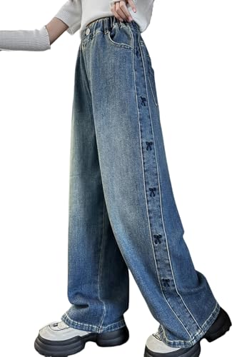 Rolanko Jeans Large Fille Bootcut Déchiré Troué Élastique Waille Denim Pantalon pour Enfants, Side Bow, Taille: 13-15 Ans/170 Rolanko Jeans Large Fille Bootcut Déchiré Troué Élastique Waille Denim Pantalon pour Enfants, Side Bow, Taille: 13-15 Ans/170