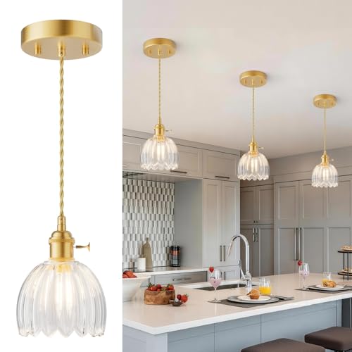 Ralbay Vintage Pendant Lights Kitchen Island,Clear Tulip Glass Shade,3Packs | Mini Pendant Light Fixture with Switch, Adjustable Brass Hanging Light for Bedroom, Dining Room, Hallway, Bar