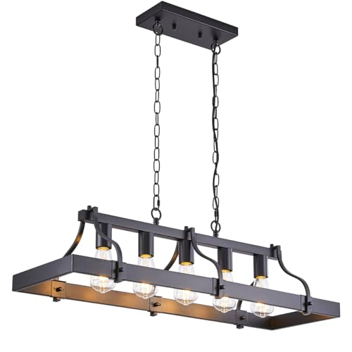 Feohak Industrial Black Chandelier for Dining Room, 5-Light Farmhouse Rustic Light Fixture Over...