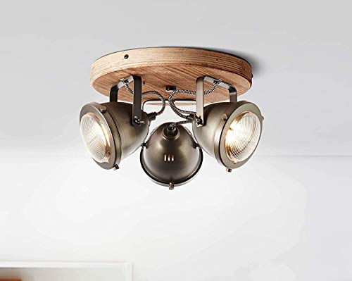Plafonnier industriel à 3 ampoules pour lampes GU10 - Lampe spot vintage en métal et bois aspect acier brûlé / bois - Plafonnier avec spots pour couloir, cuisine et salon