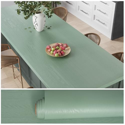 VEELIKE Papel pintado de madera verde ahumado, vinilo con textura de madera, autoadhesivo, color verde salvia, envoltura de vinilo para armarios de cocina, impermeable, calcomanías para muebles