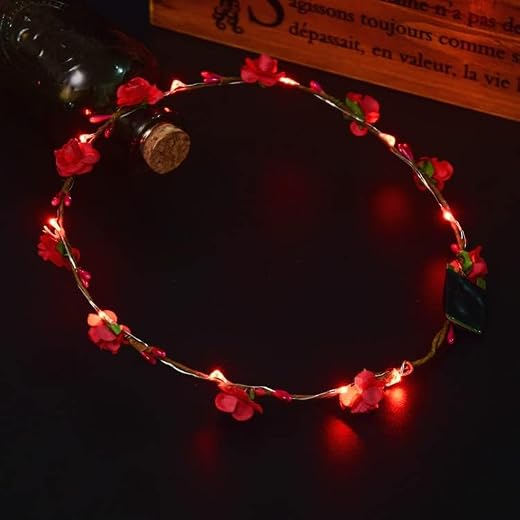LED-Haarreif für Damen, Blumenmädchen, leuchtend, blinkende Krone, Haarkranz für Mädchen, Frauen, Hochzeit, Festival, Weihnachten, Neujahr, Party (rot)