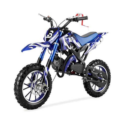 BLAZEGO 49CC Kids Gas Dirt Bike, 2-Stroke Gas Powered Motorcycle, Dual Disc Brakes, Front & Rear Shock, 10' Off-Road Tires, 28 MPH Top Speed, 132 LBS Max Load, Mini Dirtbike for Kids 8-14, Blue