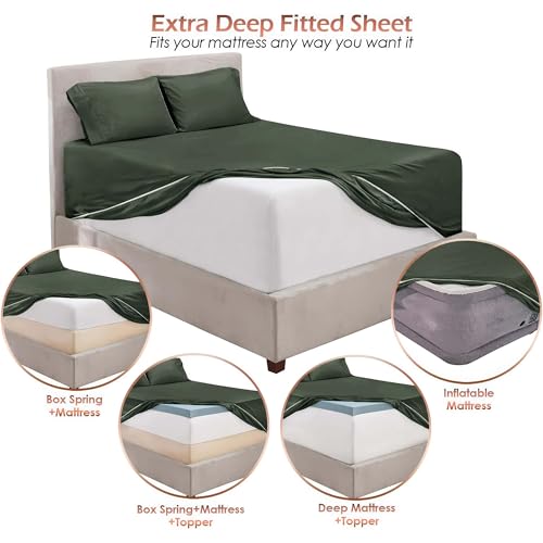 Image of Hearth & Harbor Extra Deep Pocket King Sheet Set, Olive Green | 4 Piece Bed Sheet Set, Ultra Soft & Breathable, Fits Up to 24 inch Mattress, Hotel Luxury