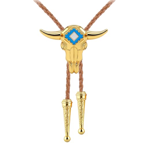 Image of GelConnie Gold Longhorn Bolo Tie for Men & Women Western Cowboy Tie Style | Bolo Tie for Men with Gold Longhorn Skull Blue Enamel, Adjustable Cowboy Ties for Men and Western Tie Dress Shirt Outfit