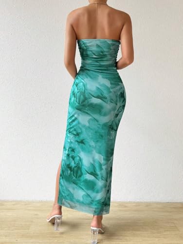 Image of LIGHT DOT Women's Summer Dress Printed Strapless Tube Bodycon Maxi Side Slit Mesh Layered