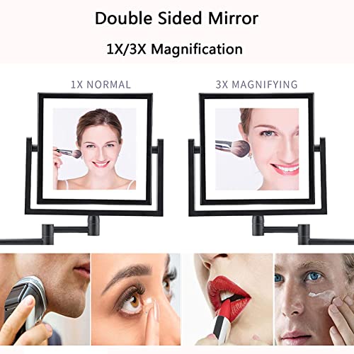 Espejo de maquillaje montado en la pared con aumento de 1x/3x, brazo extensible, giro de 360° y lámpara integrada para mujer