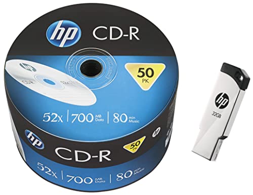 Image of HP CD-R 700MB 50 Blank CD Wrap 52x Speed, Silver (14218) & v236w 32GB USB 2.0 Pen Drive
