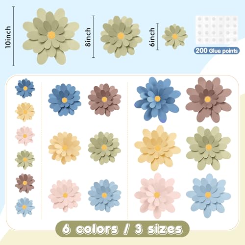 Image of MotiMind 18 Pcs Paper Flowers Decorations for Wall DIY Flower Bulletin Board 3D Paper Floral Backdrop Decoration for Photo Backdrop Classroom Back to School Party(Fresh Color,6 inch 8 inch 10 inch)