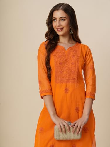 Image of RATAN Muga Cotton Straight Lucknowi Chikankari Ethnic Wear Kurta for Women