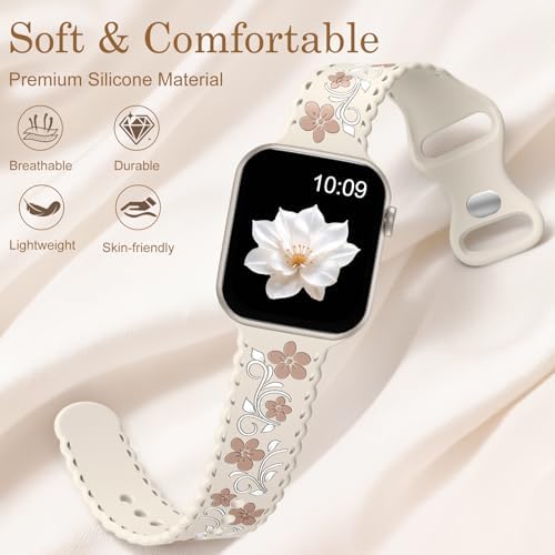 Getino Floral Band Compatible with Apple Watch Bands For Women 40mm 42mm 41mm 38mm 44mm 45mm 46mm 49mm, Cute Engraved Flower Soft Comfortable Silicone Strap for iWatch Series 11 10 9 8 7 6 5 4 3-1 SE — view 3