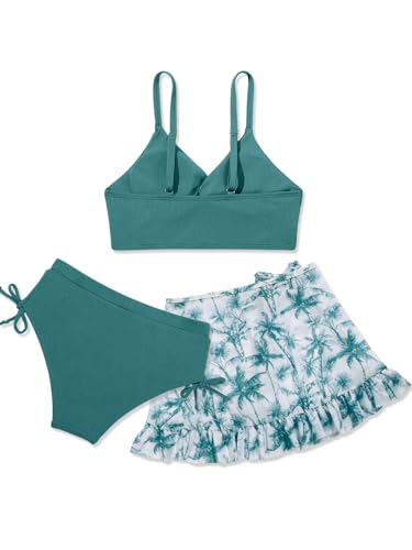 Image of ESHOO Girls Swimsuit V Neck Twist Cross Bikini Sets with Hawaiian Cover Up Skirt 3Pcs Bathing Suits Girls Swimwear 7-14T