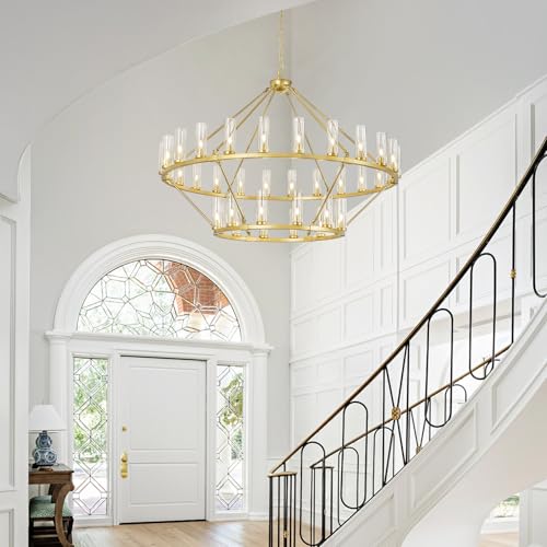Image of 63 Inch Large Gold Wagon Wheel Chandelier with Clear Glass Shade 2 Tier 36-Lights Round Pendant Light Farmhouse Industrial Chandeliers Dining Room Light Fixture for Stair Living Room Foyer