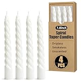 KORCCI White Spiral Taper Candles 7.8 Inch 4 Pack, Dripless Smokeless Unscented Decorative Candles for Wedding, Dinner, Party, Prayer, Home Decor (Elegant White)