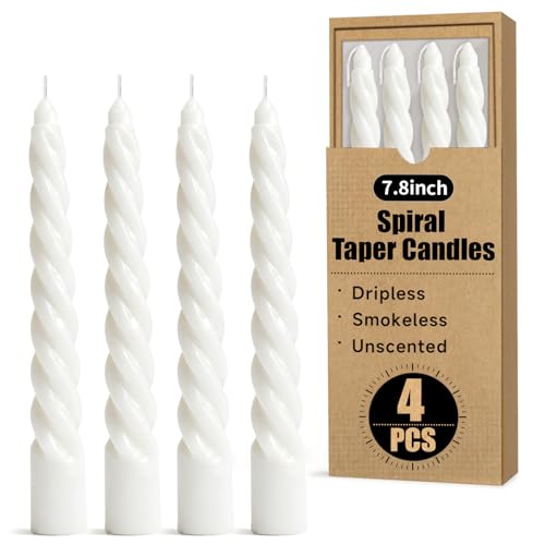 Image of KORCCI White Spiral Taper Candles 7.8 Inch 4 Pack, Dripless Smokeless Unscented Decorative Candles for Wedding, Dinner, Party, Prayer, Home Decor (Elegant White)