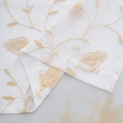 Image of Floral Embroidery Beige Sheer Curtains 84 Inches Long, Rod Pocket Sheer Drapes for Living room, Bedroom, 2 Panels, 52 inchx 84 inch, Semi Crinkle Voile Window Treatments for Yard, Patio, Villa, Parlor.