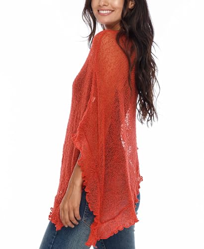 Image of SHU-SHI Women's Sheer Knit Poncho Shrug Lightweight Asymmetrical Ruffle Wrap Dressy Summer Shawl Cover Up Top