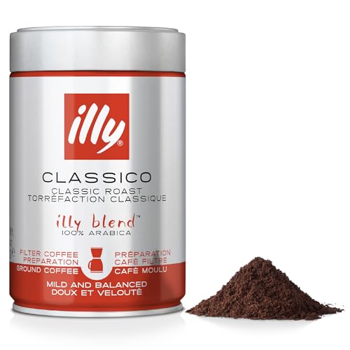 illy Classico Ground Coffee Medium Roast 100% Arabica Coarse Grind for Cafetiere & Filter Coffee Suitable for Drip Coffee Makers 250g Tin