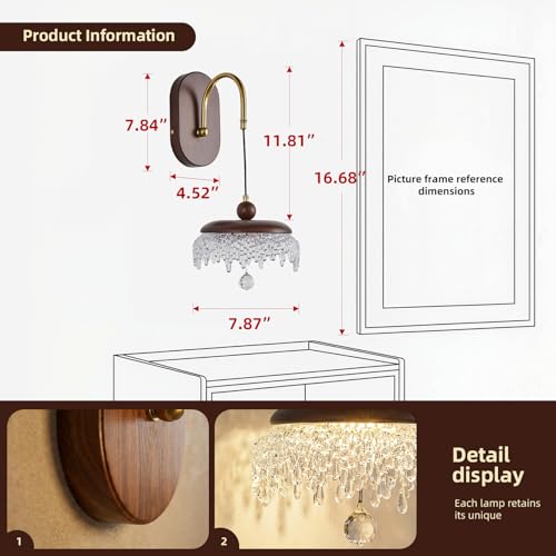 Image of LED Wall Sconce,Wood Wall Light Fixtures,8 inch Indoor Hardwired Wall Light,Vintage Scones Lighting for Bedroom Living Room Bathroom Dining Room Hallway (1 Pack)