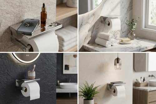 Image of Premium Stainless Steel Toilet Paper Holder with Mobile Phone Storage Shelf | Wall-Mounted Bathroom Tissue Roll Dispenser with Decor Tray | Chrome Finish Rustproof Organizer (Square CH44)