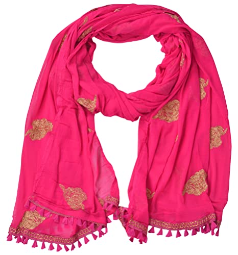 Image of YOUTHQUAKE Golden Patti Embroidered Work Chiffon Dupatta for Womens & Girls with Jaalar Lace