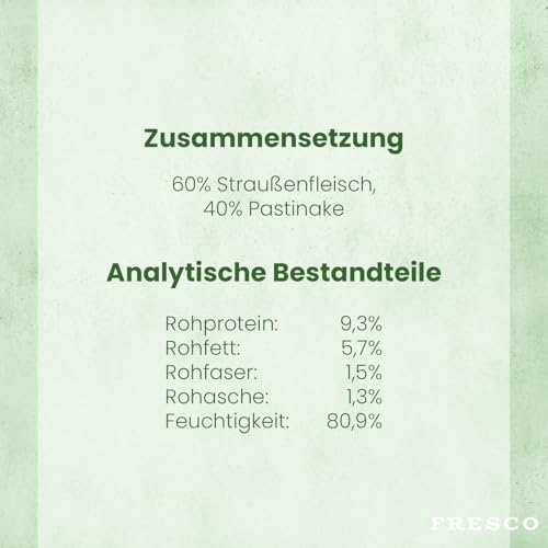 FRESCO Dog Hypoallergen-Menü Strauß mit Pastinake - hypoallergenes Hundefutter Nassfutter 12x 400g in Barf-Qualität