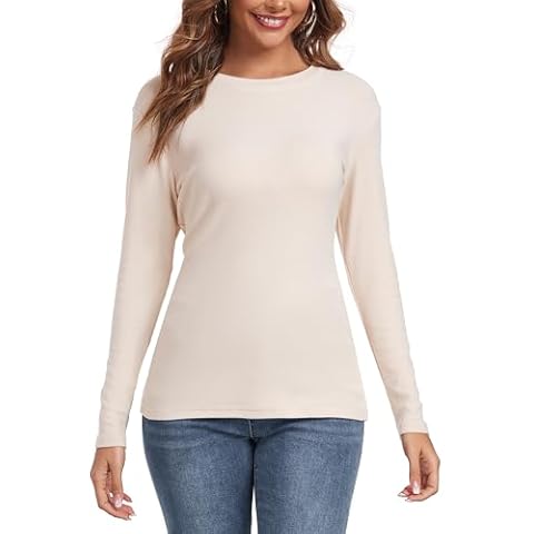 Coreal Women’s Long Sleeve Ribbed Shirt Crewneck Casual Solid Color Basic Tops Beige Cover