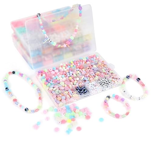 Image of ambitieux DIY Bracelet Making Kit - 800 + pcs 24 Colorful Beads, 10m Elastic Thread, Jute Bag, and Cutter - Gift for Girls Birthdays (Multicolor Mix 1)
