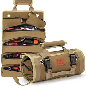 BAQRAXIA Tool Bag, Roll Up Small Tools Box Storage, Heavy Duty Tool Organizer with 2 Detachable Tool Pouch, Tool Gifts for Men Dad Husband Boyfriend Grandpa, Presents for Christmas Birthday (Khaki)