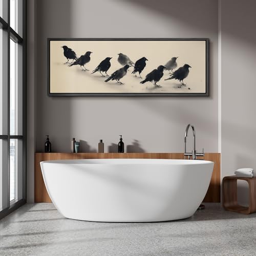 Image of MUDECOR Large Framed Canvas Print Wall Art Minimalist Black Crow Flock Ink Style Neutral Antique Retro Ready to Hang Painting for Living Room Bedroom Multi-Sizes - 60 inchx20 inch