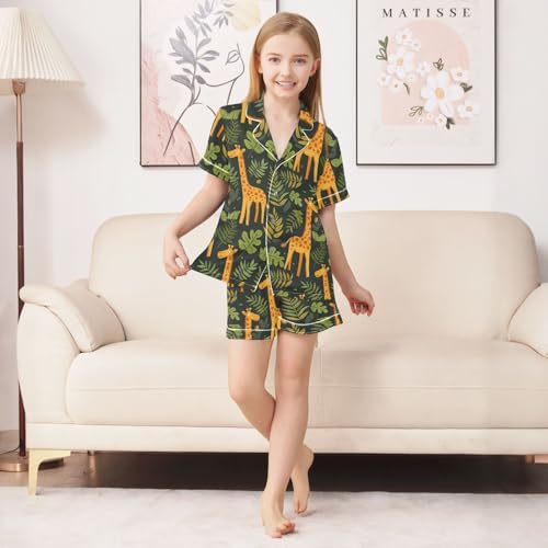 Giraffe and Leaves Summer Satin Pajama Set, Cute Button-Down Sleepwear Pj Set for Sleep Wears3