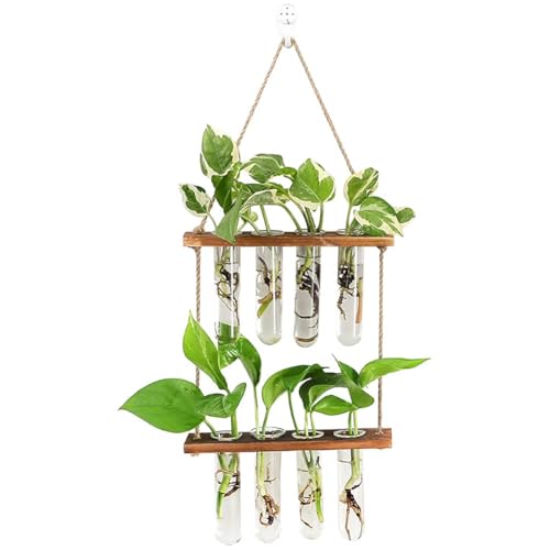 Unnosin Wall Hanging Planter, 2 Tiered Plant Propagation Stations Plant Terrarium with Wooden Stand, Glass Planter Test Tube Vase for Propagating Hydroponic Plants Home Garden Decor 8 Bulb Vase, Green