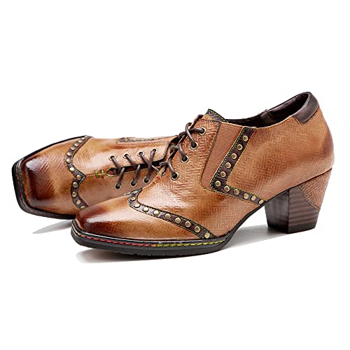 CrazycatZ Leather Pumps,Womens Colorful Vintage Block Heel Pumps Oxford Shoe2