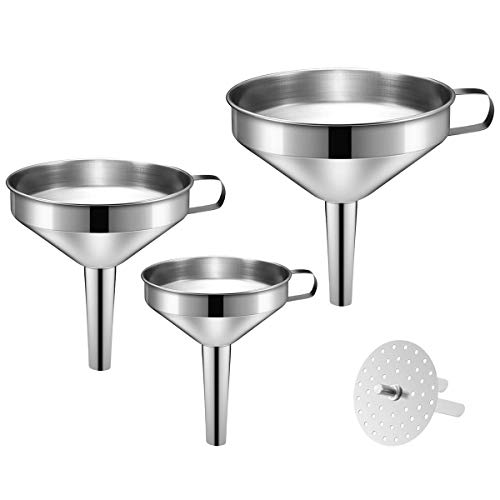 BGLINKAL 3pcs Set Stainless Steel Funnels for Kitchen, with 1 Removable Strainer for Cooking Oil & Transferring Liquid, Fluid and Dry Ingredients, Food Grade Metal Funnels