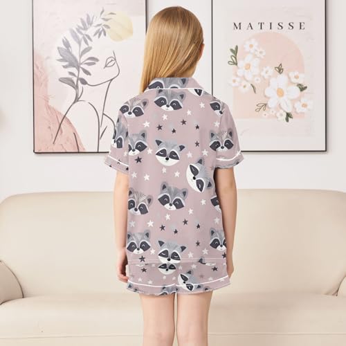 Cute Little Raccoon with Stars Summer Satin Pajama Set, Cute Button-Down Sleepwear Pj Set for Sleep Wears4