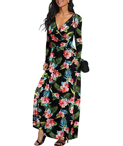 Image of LILBETTER Women Long Sleeve Deep V Neck Loose Plain Long Maxi Casual Dress