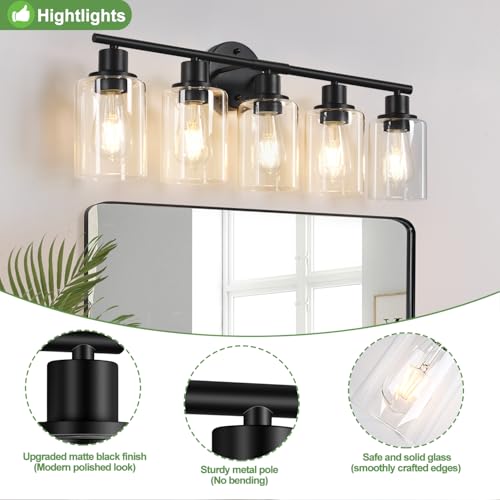 Image of Zarbitta 5-Light Bathroom Light Fixtures, Black Modern Vanity Lights with Clear Glass Shade, Bathroom Wall Lamp for Mirror Kitchen Living Room Hallway Cabinet Porch